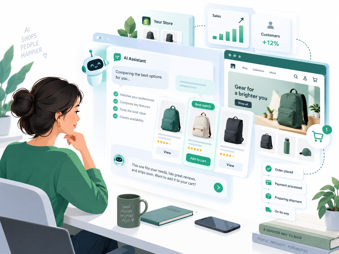 Illustration d’un assistant IA pour le shopping connecté sur Shopify et le commerce agentique