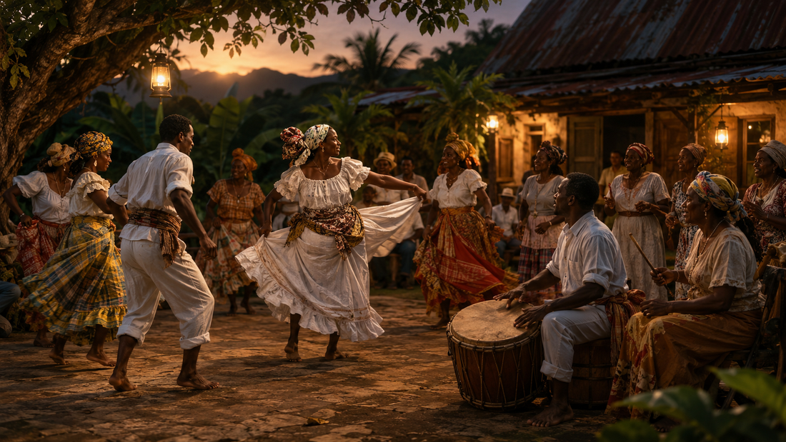Swaré bèlè en Martinique avec danseurs, tambour et public en soirée
