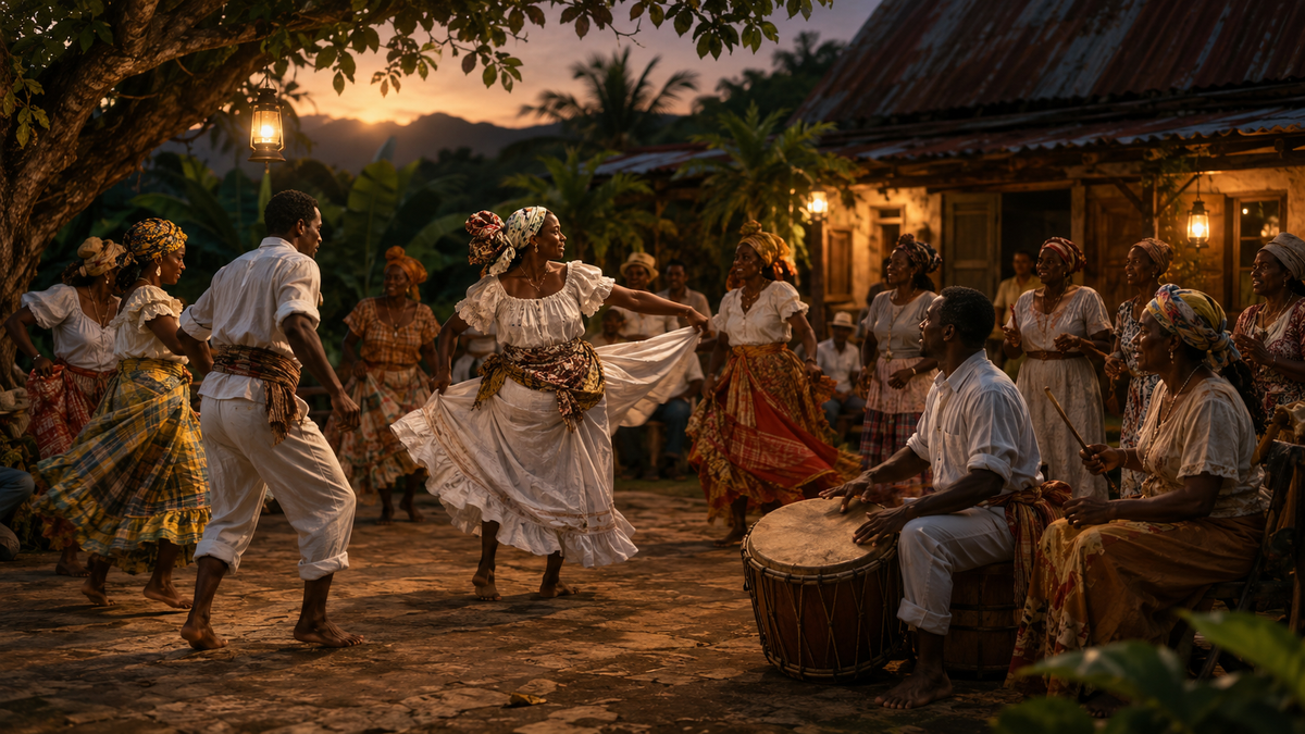 Swaré bèlè en Martinique avec danseurs, tambour et public en soirée