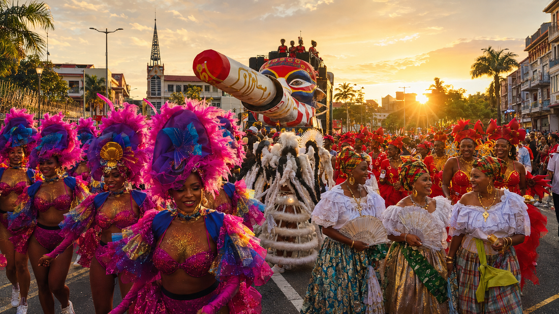 Carnaval de Martinique à Fort-de-France avec groupes costumés, personnages traditionnels et char