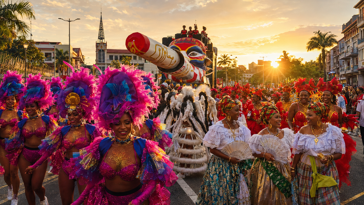 Carnaval de Martinique à Fort-de-France avec groupes costumés, personnages traditionnels et char