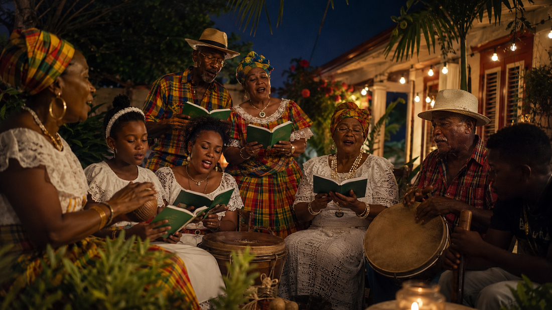 Chanté Nwèl en Martinique réunissant plusieurs générations autour des cantiques et des percussions