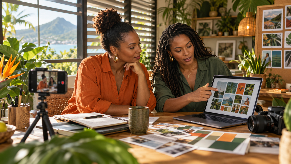 Community managers préparant une stratégie de contenu en Martinique