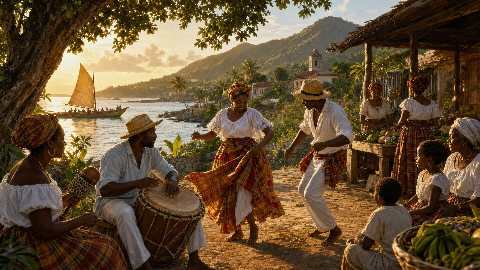 Panorama de la culture martiniquaise avec bèlè, yole et vie du marché