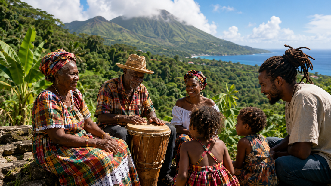 Famille guadeloupéenne réunie autour d’un tambour ka face aux reliefs de Basse-Terre