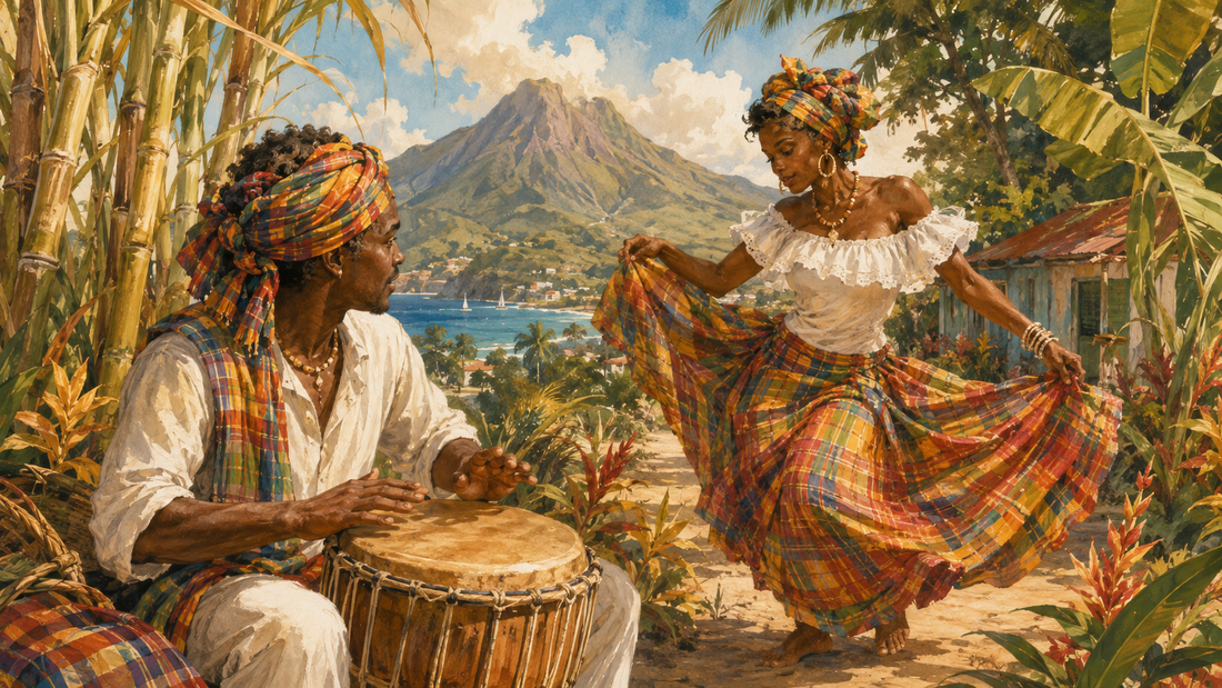 Danse et tambour ka dans une scène inspirée du gwoka guadeloupéen