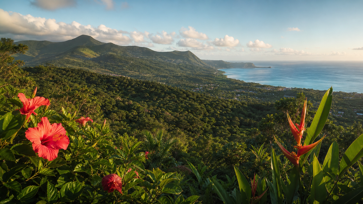 Illustration paysagère de Madinina avec hibiscus et balisiers