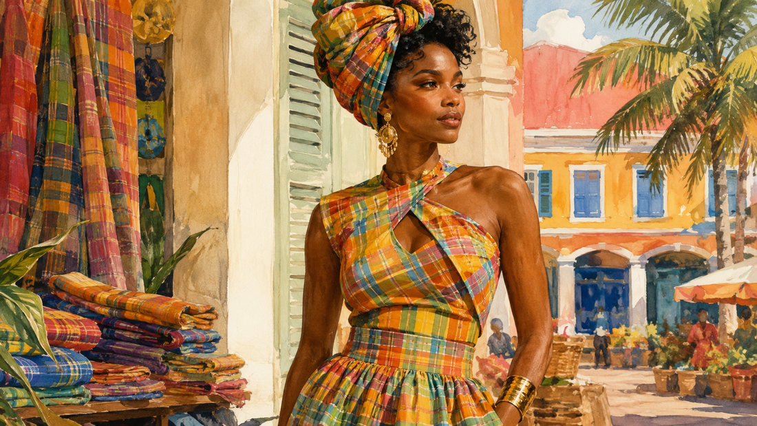 Femme martiniquaise en tenue madras dans un marché antillais