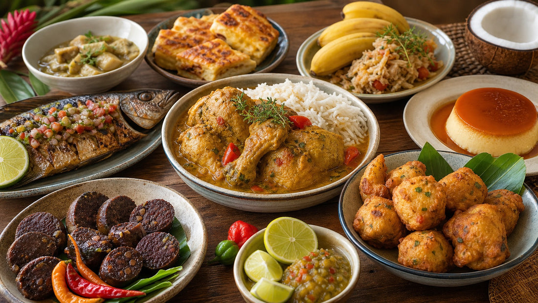 Table de plats typiques de Martinique et spécialités de la cuisine créole