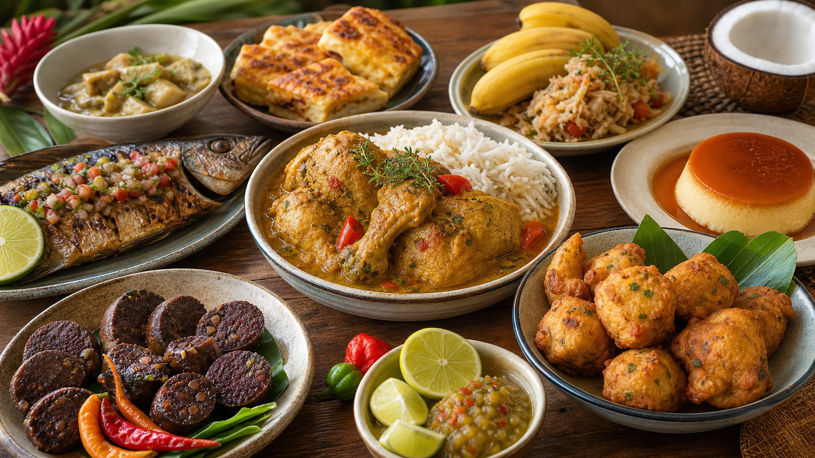 Table de plats typiques de Martinique et spécialités de la cuisine créole