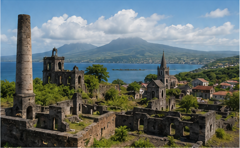 Illustration de Saint-Pierre en Martinique avec ses ruines et la montagne Pelée