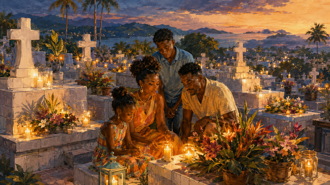 Famille réunie dans un cimetière illuminé de bougies pour la Toussaint en Martinique