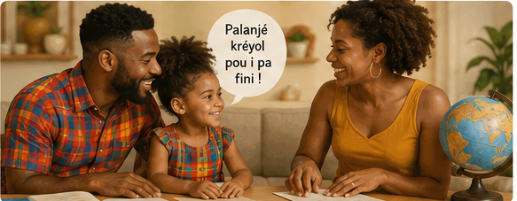 Illustration d'une famille transmettant le créole à un enfant loin des Antilles