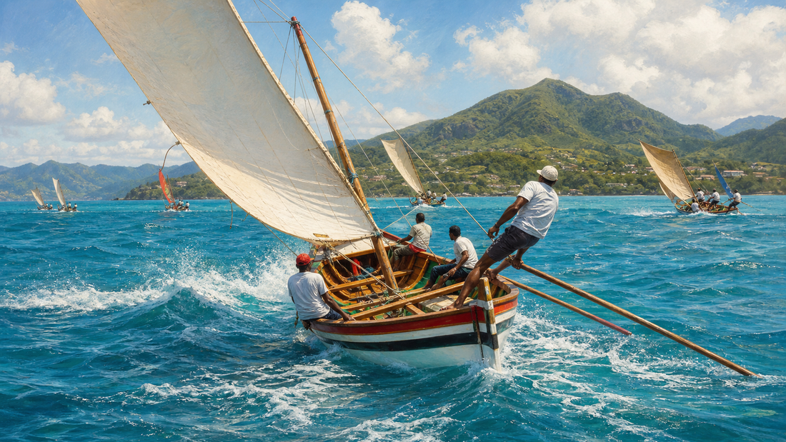 Yole ronde de Martinique en course avec équipiers sur les bois dressés