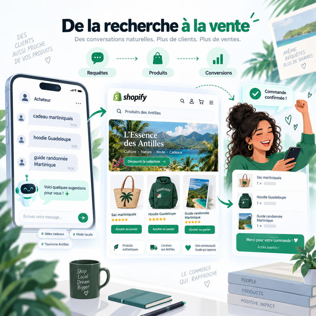 Parcours commerce agentique de la requête client à la recommandation produit puis à la conversion sur Shopify
