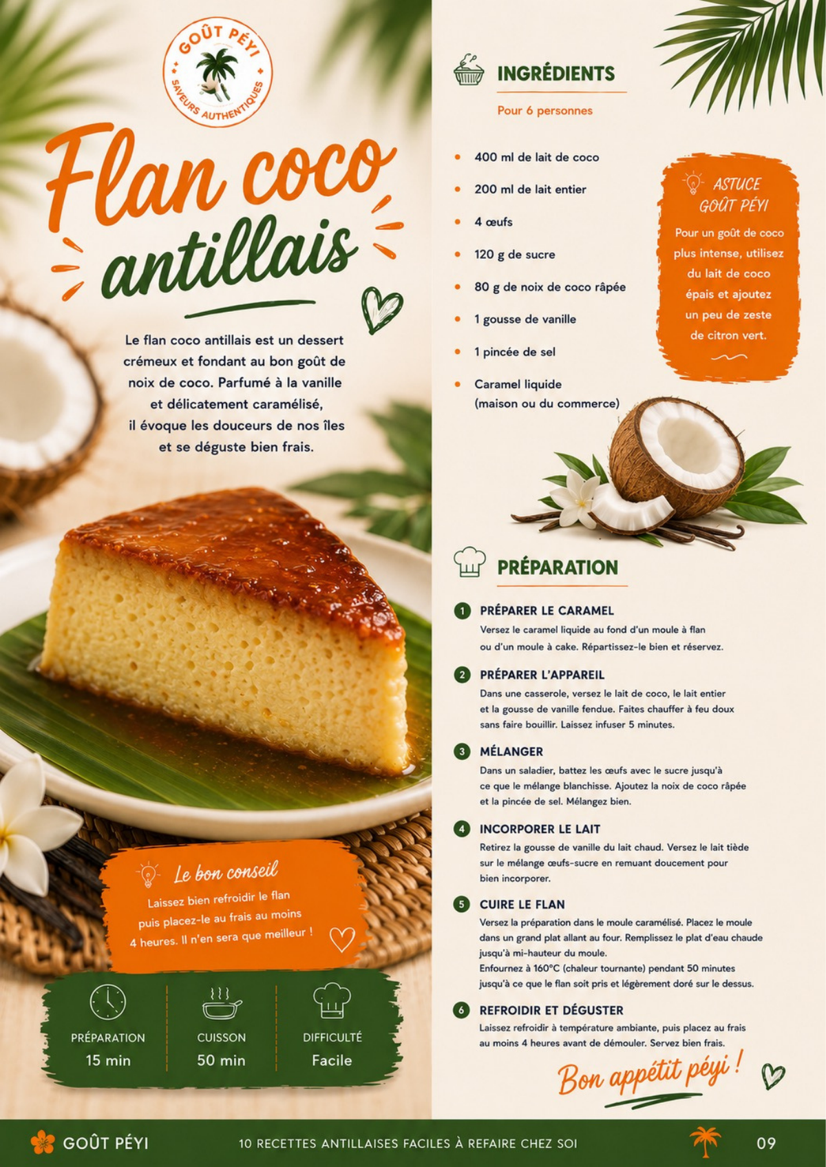 Aperçu intérieur de Goût Péyi avec la recette illustrée du flan coco antillais