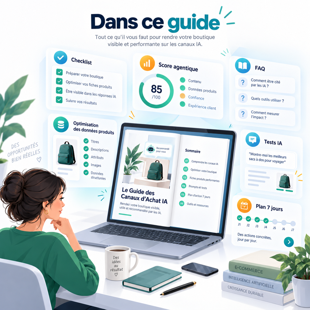 Aperçu du guide commerce agentique Shopify avec checklist, score agentique, FAQ, tests IA et plan d’action