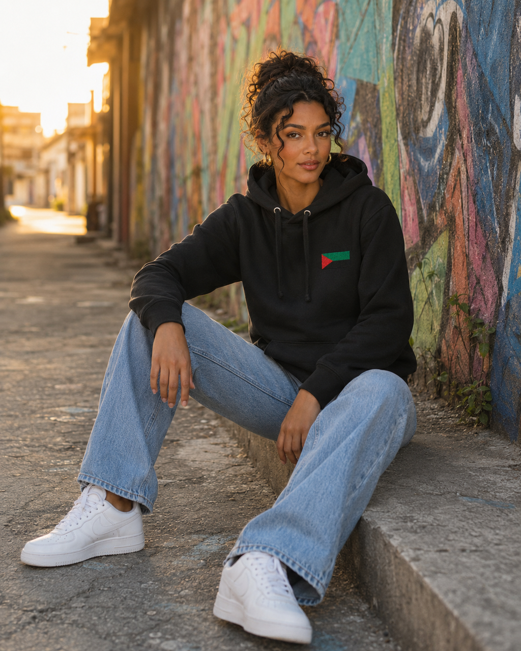 Femme assise devant un mur de graffitis avec le hoodie RVN Martinique noir unisexe et sa poche kangourou.