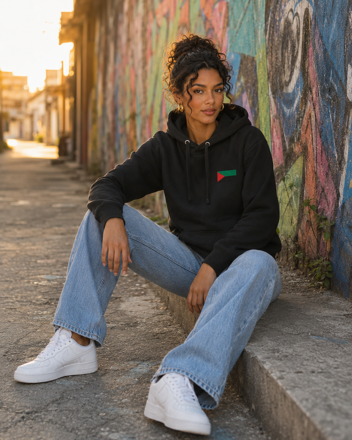 Femme assise devant un mur de graffitis avec le hoodie RVN Martinique noir unisexe et sa poche kangourou.