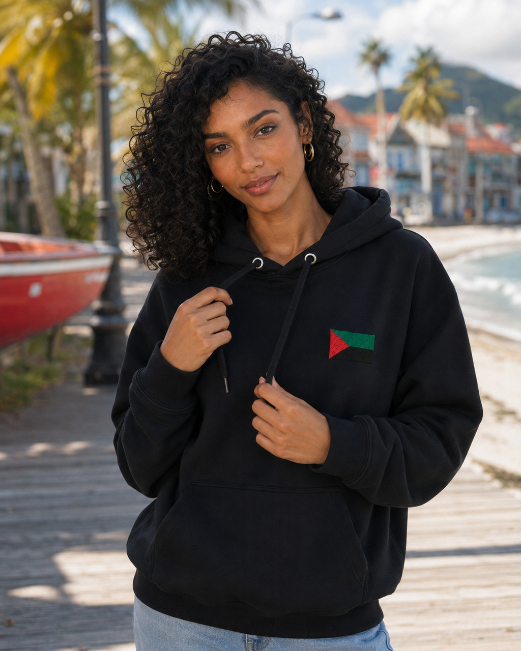 Hoodie RVN Martinique noir unisexe porté par une femme en bord de mer, drapeau rouge vert noir sur la poitrine.