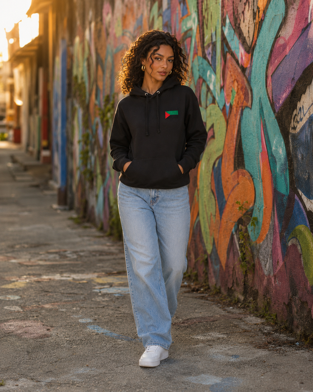 Hoodie RVN Martinique noir porté par une femme marchant devant un mur de graffitis, avec jean et baskets.