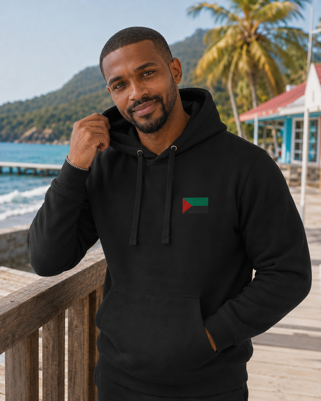 Hoodie RVN Martinique noir unisexe porté par un homme sans casquette en bord de mer, vue de face.