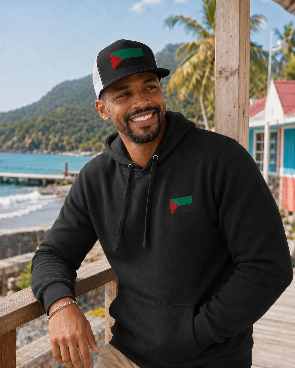 Homme en bord de mer portant le hoodie RVN Martinique noir avec une casquette aux couleurs rouge vert noir.