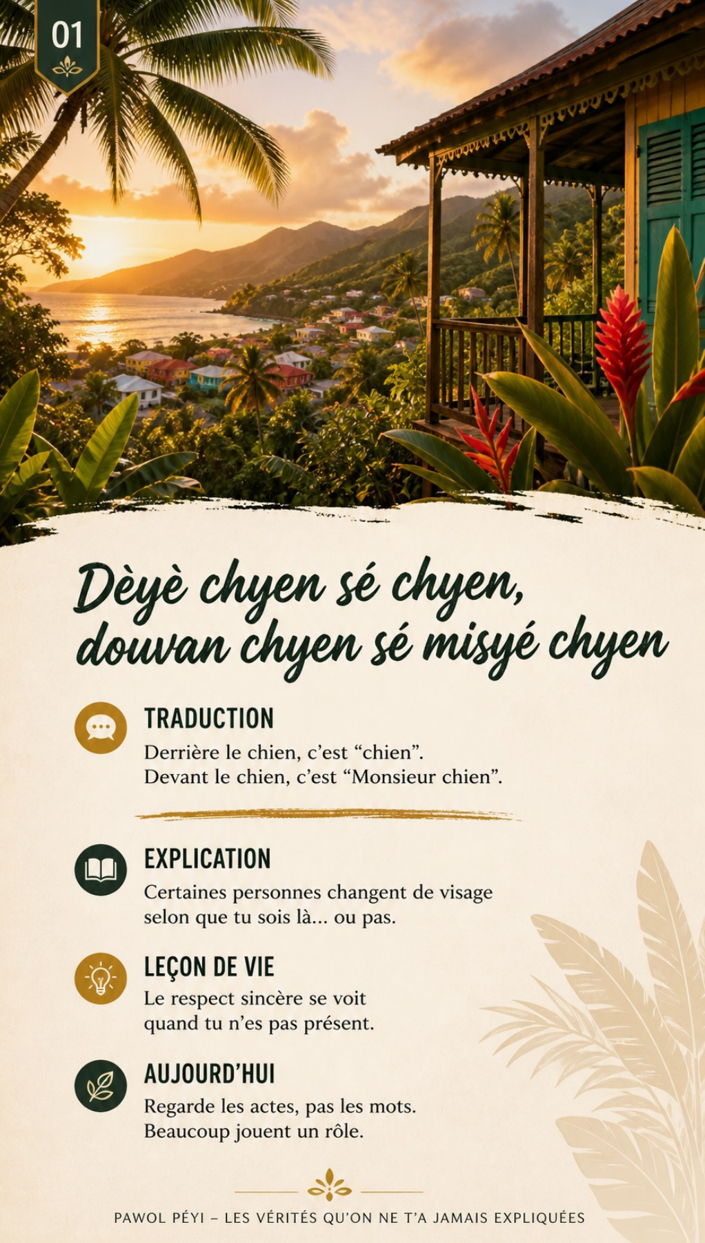 Aperçu intérieur de Pawol Peyi avec proverbe créole, traduction et leçon de vie
