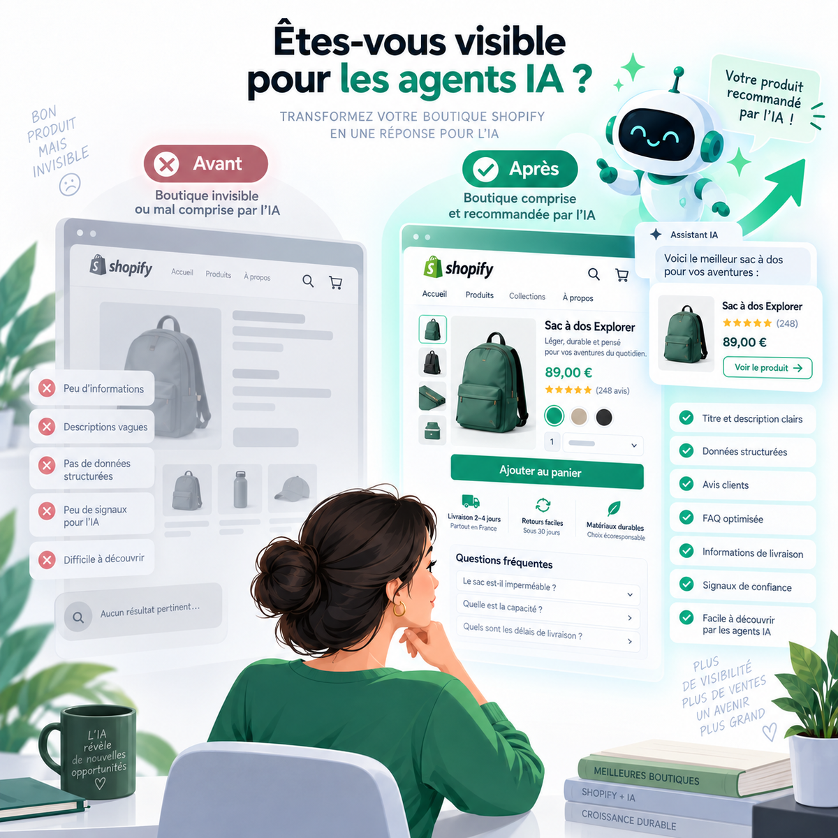Comparatif avant après d’une boutique Shopify optimisée pour être comprise et recommandée par les agents IA