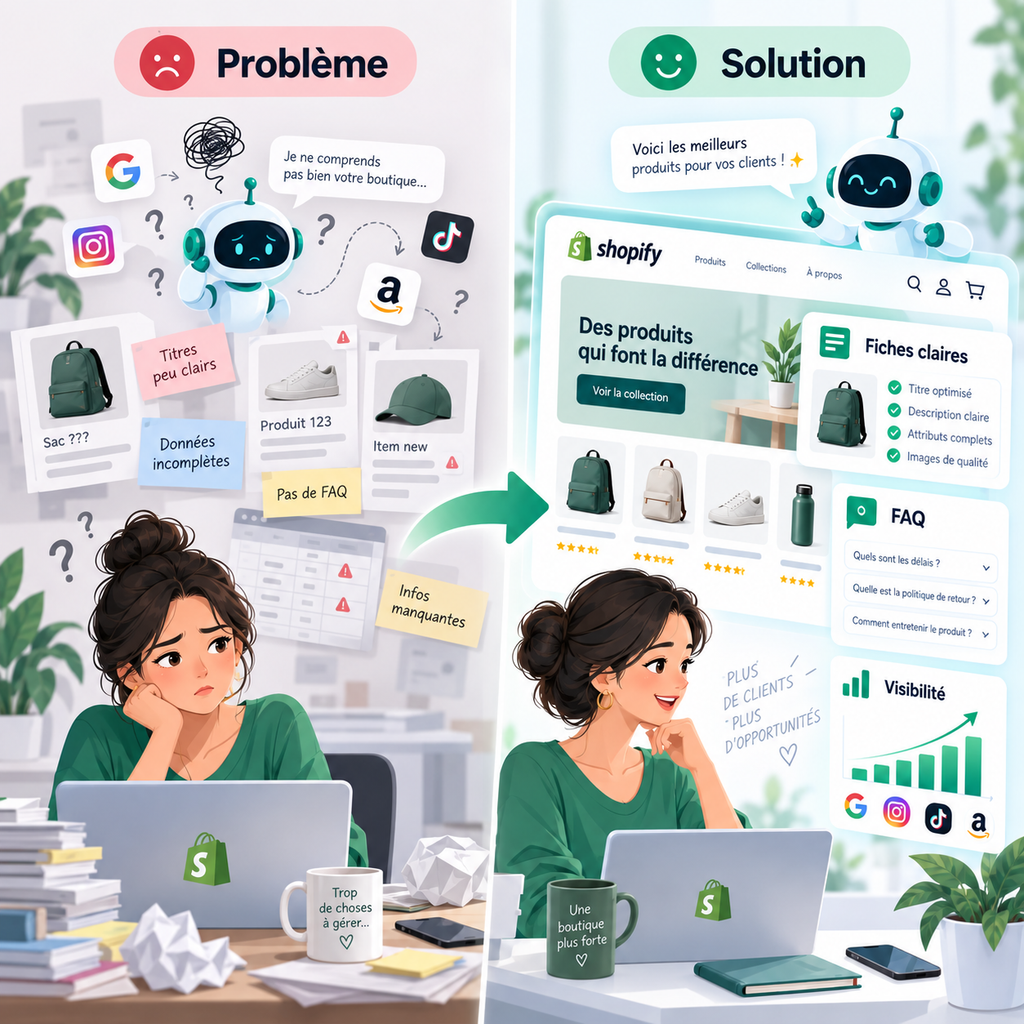 Illustration problème solution pour une boutique Shopify avec données produit claires, FAQ et meilleure visibilité auprès des agents IA