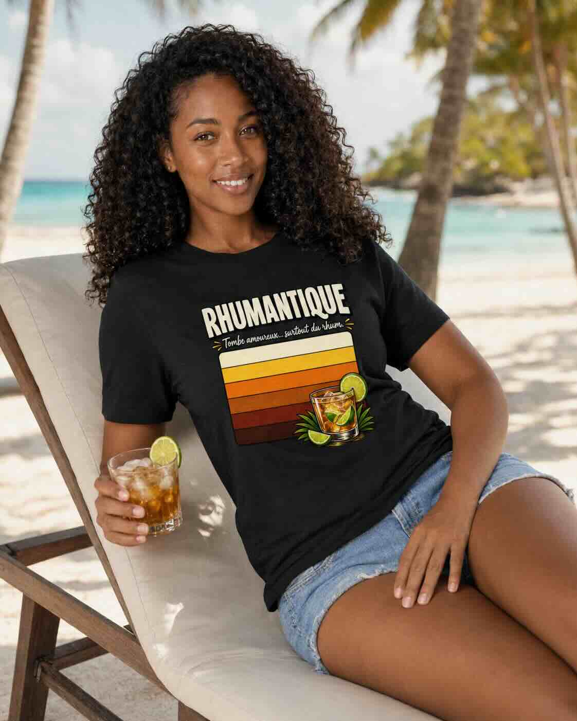 T-shirt Rhumantique unisexe porté sur un transat en ambiance tropicale