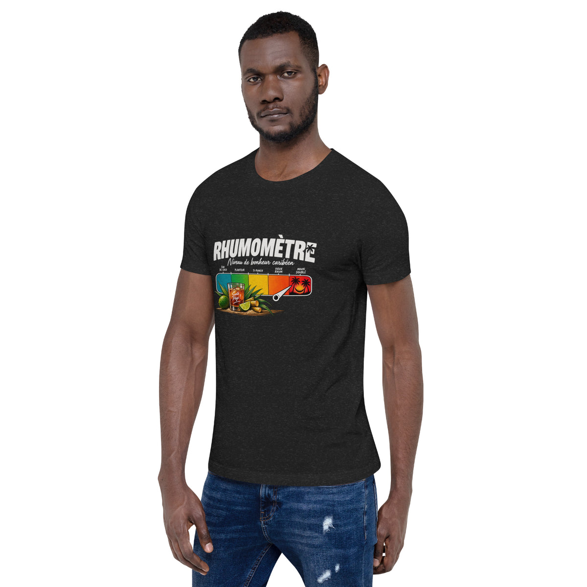 T-shirt Rhumomètre noir chiné unisexe – vue trois-quarts avant