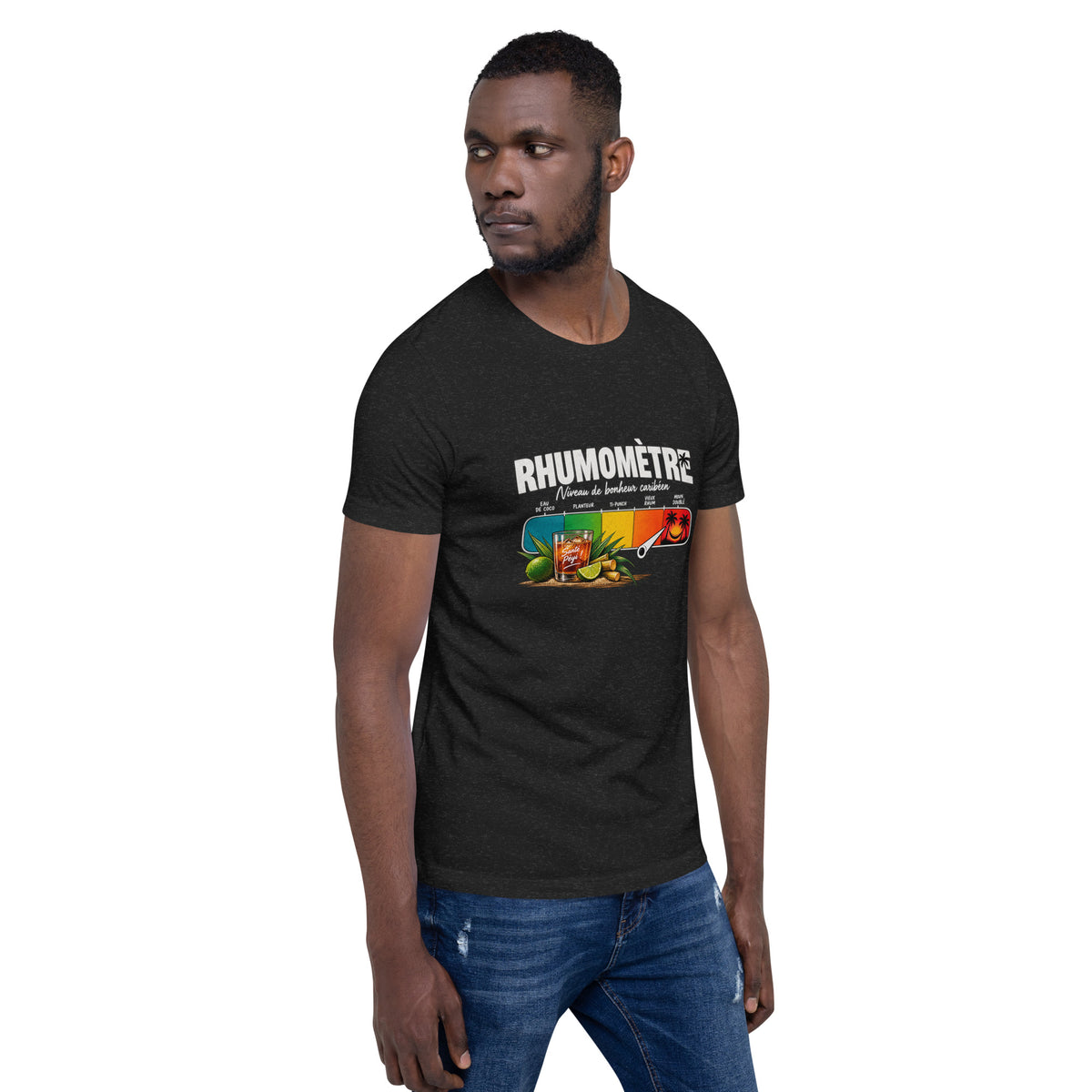 T-shirt Rhumomètre noir chiné unisexe – vue trois-quarts avant